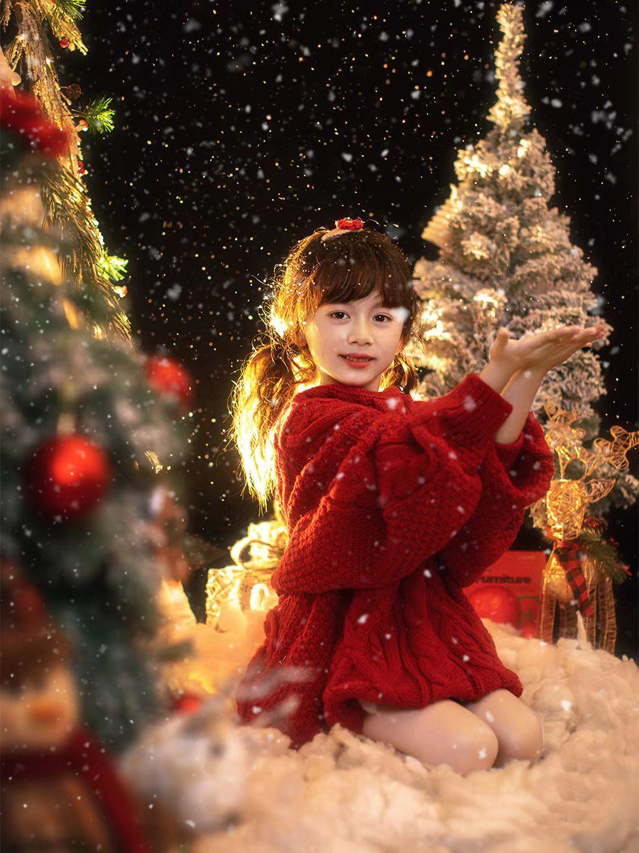 圣诞节拍照衣服宝宝大童儿童摄影服装圣诞女童针织新年红色毛衣