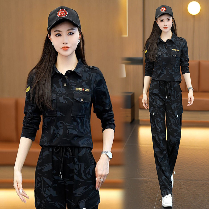 户外迷彩服套装女2025秋季新款减龄显瘦长袖阔腿裤水兵舞演出服装