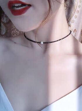 女细链颈链韩国性感黑项圈水晶黑色尖晶石项链颈链锁骨链项饰珍珠
