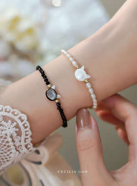 14K包金黑白猫珍珠手链珠宝天然