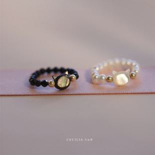 推荐珠宝 ins风超萌猫咪14K包金超闪黑尖晶戒指女小众设计不掉色