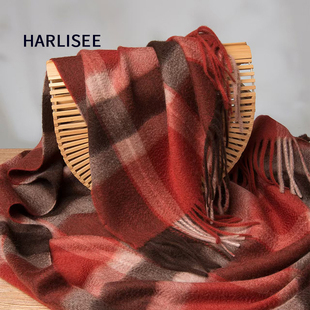 奢品！安克拉红纯山羊绒围巾女秋冬美拉德格子加厚保暖披肩围脖