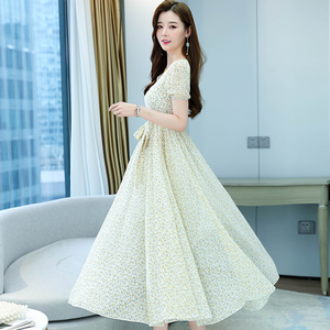 RY1659#V领雪纺连衣裙短袖收腰系带显瘦女夏气质裙子沙滩裙