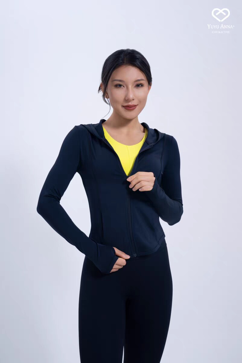 尤尤安娜1507女春秋胶原蛋白连帽拉链衫高弹修身运动健身瑜咖服