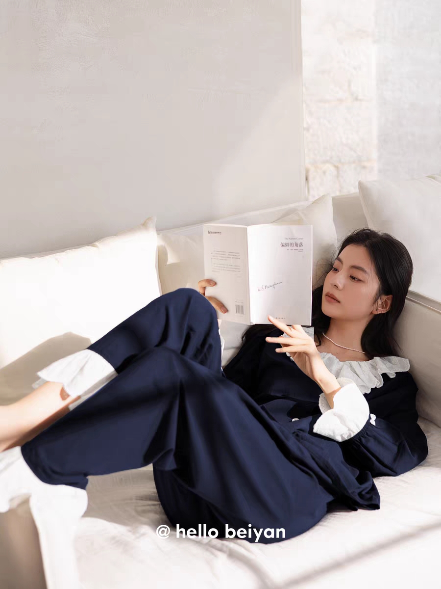 贝妍新款睡衣女春秋季柔软莫代尔棉长袖家居服法式复古宫廷风套装