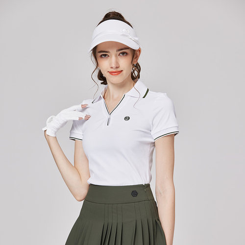 BG春夏新款高尔夫女装短袖V领运动服修身白色百搭防走光速干套装