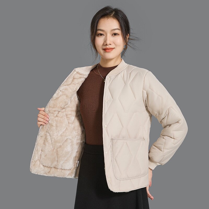 女士秋冬季保暖长袖棉内胆女轻薄棉衣男女同款棉服加绒螺纹领外套