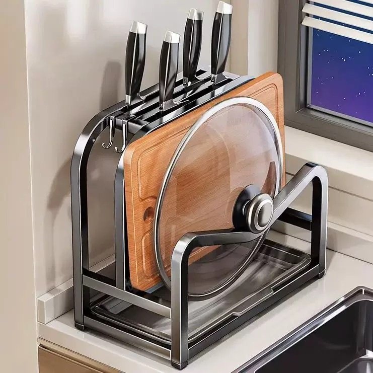 枪灰厨房刀架置物架多功能菜刀砧板锅盖一体收纳架台面刀具放置架,厨房/烹饪用具,抹布架/厨房清洁收纳架,淘宝优惠券,粉丝福利购,淘宝优惠卷
