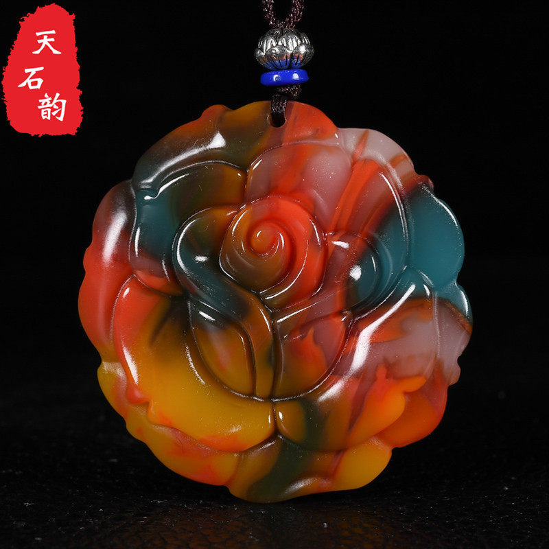 和田玉鸡血石玉花开富贵吊坠男女款七彩玛瑙玉转运玫瑰花玉石挂件