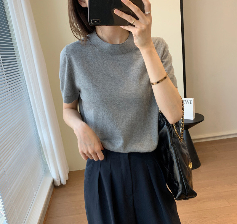 G性价比纯色高品质单品极简风超细棉小圆领女针织短袖T恤女春夏