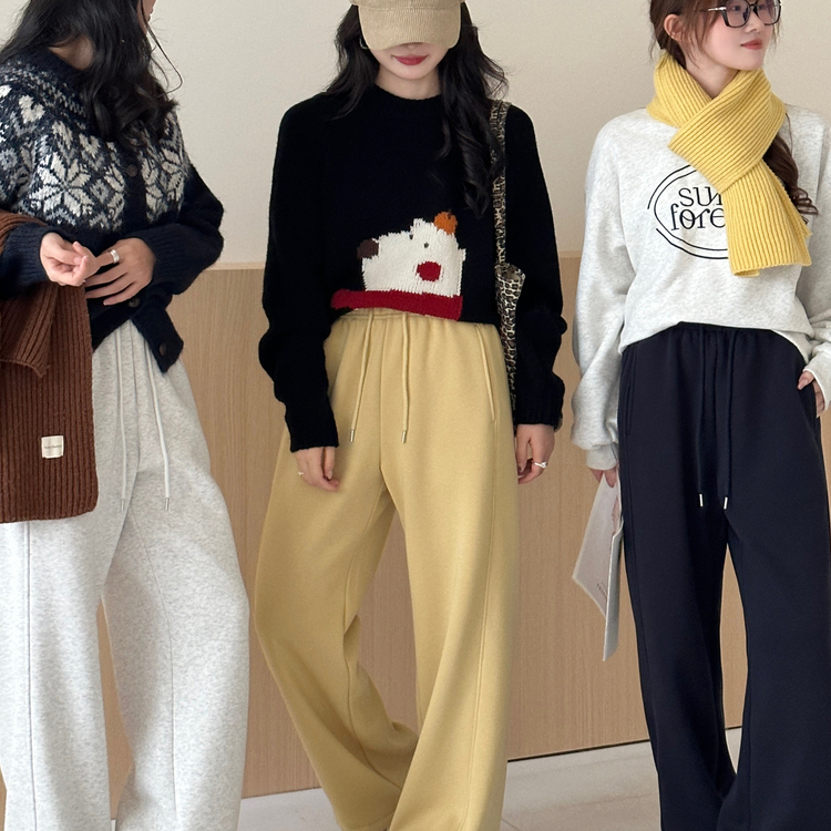 加绒加厚两穿休闲裤直筒阔腿裤女