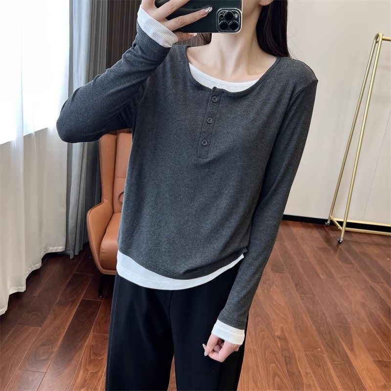 设计感韩版假两件纽扣螺纹棉圆领打底衫女士秋季百搭显瘦长袖T恤
