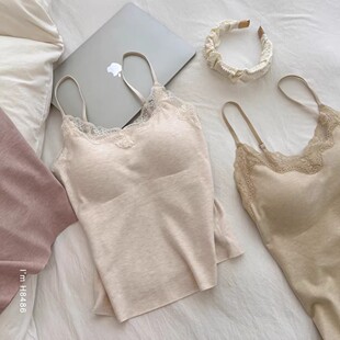 桑蚕丝竖条纹拼蕾丝V领细肩带文胸式背心女秋冬修身百搭打底吊带