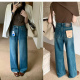 牛仔裤 四面弹压花高腰直筒裤 阔腿裤 宽松百搭显瘦拖地窄版 女秋季