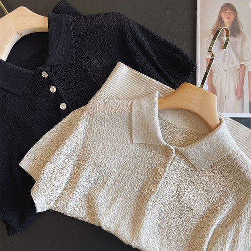 禾+莱赛尔亚麻polo领针织衫T恤女