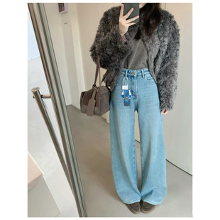 刺绣高腰密密绒加绒直筒裤女冬季宽松百搭显瘦加厚窄版阔腿牛仔裤