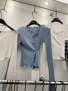 十三行现货TOKO.Z韩版2023秋季气质修身显瘦V领垫肩开衫针织衫女