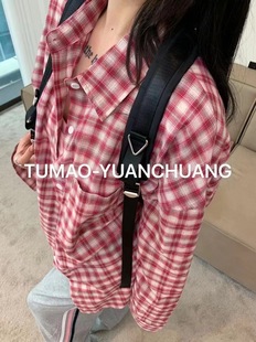 TUMAO正版 上衣女 衬衫 2024宽松百搭气质洋气格子单排扣polo领开衫