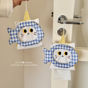 卡通小猫吃鱼布艺纸巾袋悬挂式家用卧室卫生间车载纸巾抽纸收纳袋