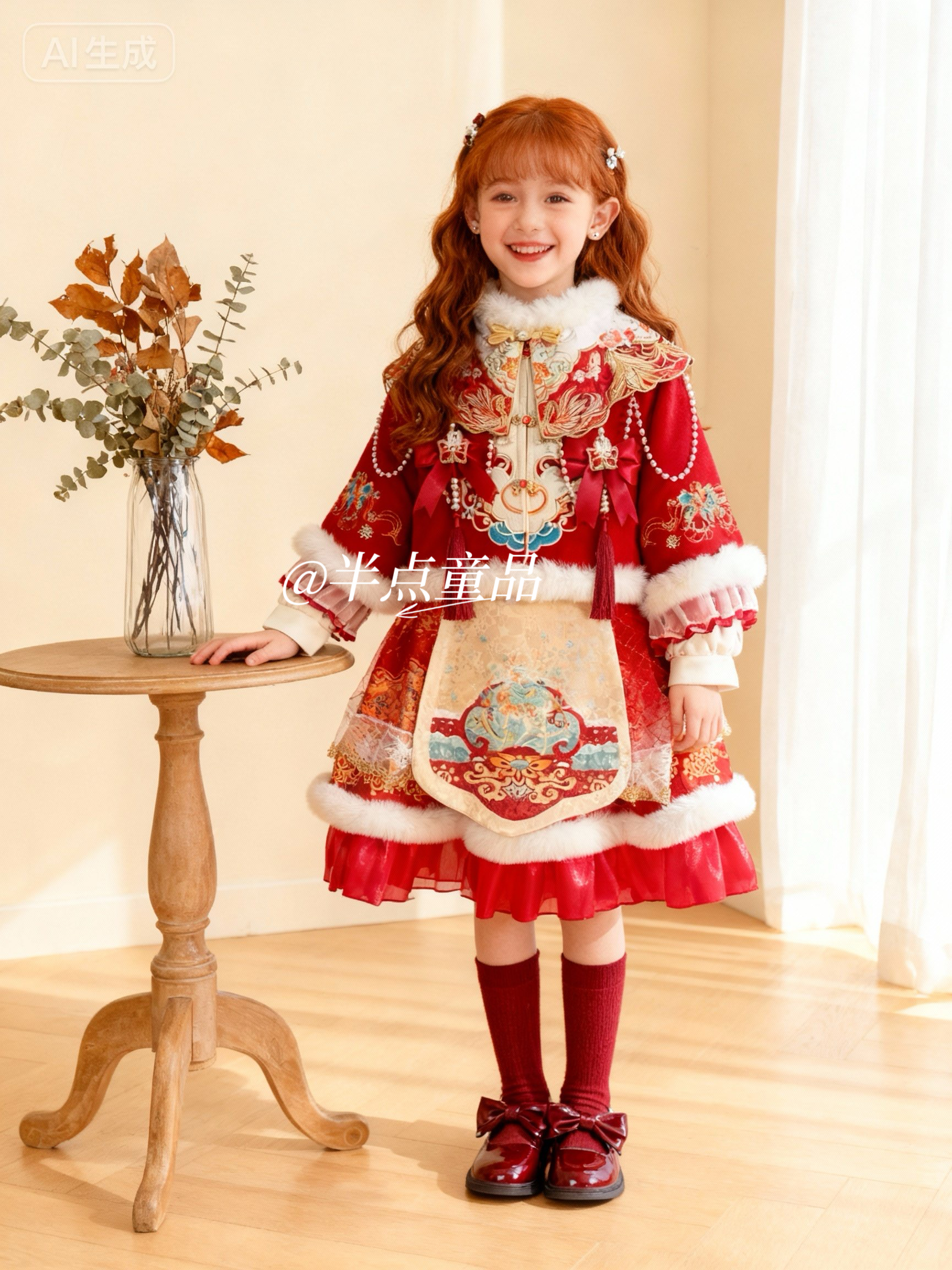 【火凤凰】冬季新款加绒加厚儿童年服女童新中式国风连衣裙套装