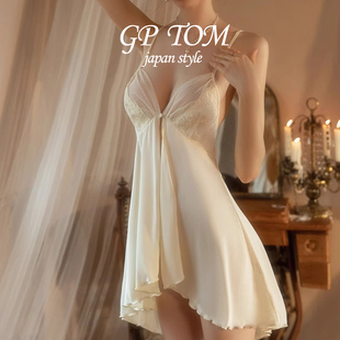 日本GP TOM性感睡衣女夏款冰丝薄款带胸垫春夏季蕾丝吊带睡裙套装