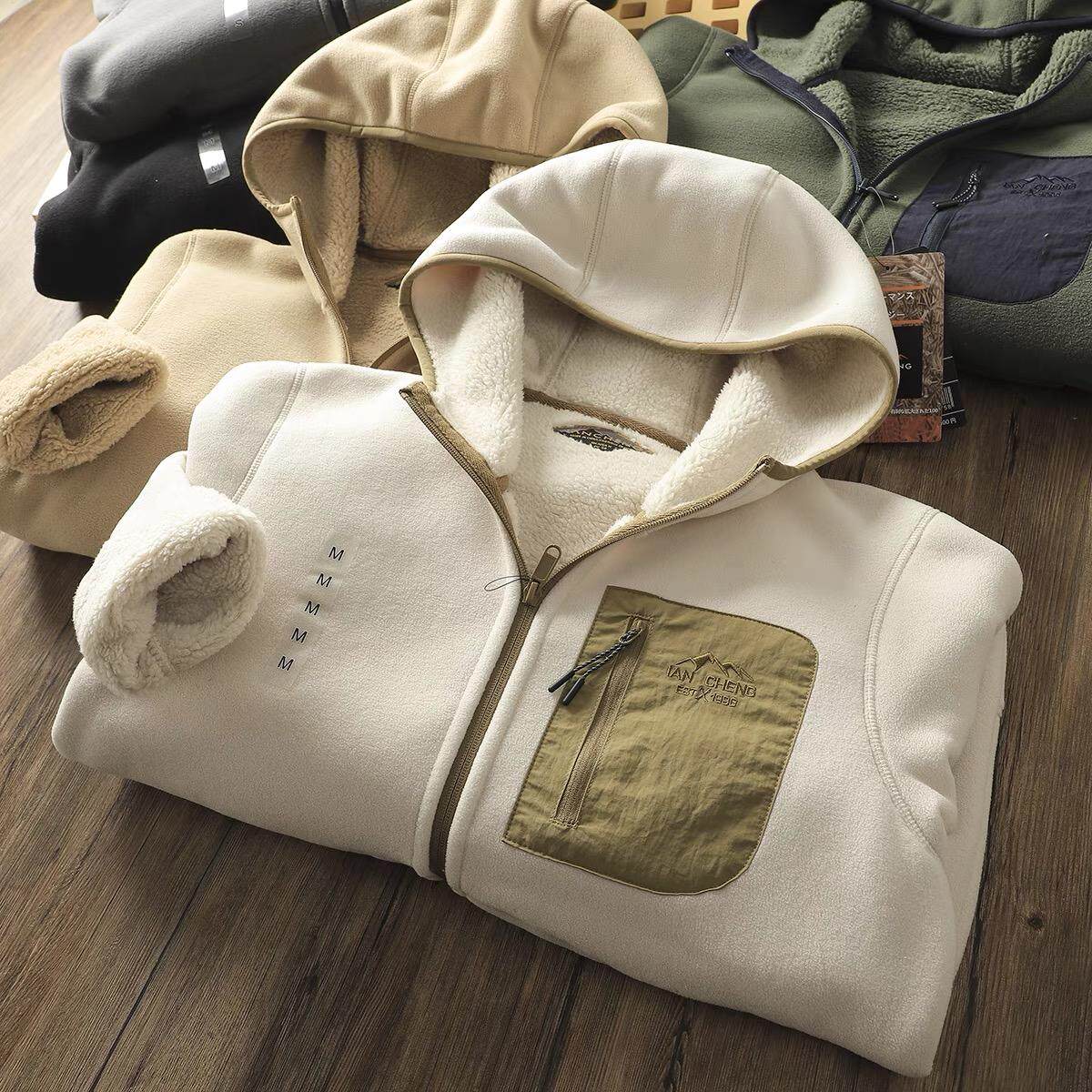 出口订单！蓄热摇粒绒秋冬男女情侣休闲加绒加厚保暖连帽夹克外套