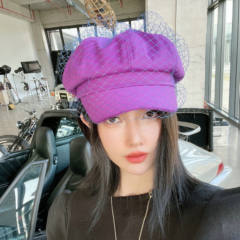 r&u 春夏亮色系时髦大牌感网纱报童帽玫红橙紫色减龄百搭鸭舌帽女