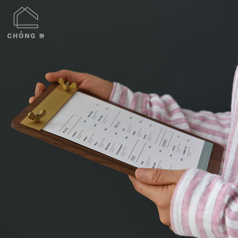 chong翀 菜单夹立式胡桃木实木黄铜定制餐厅木质夹板咖啡店垫板