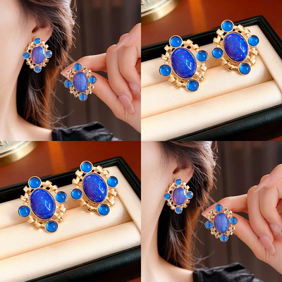 法式复古蓝色椭圆宝石耳钉