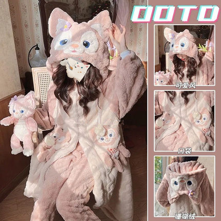 珊瑚绒睡衣女款秋冬季加绒加厚卡通可爱法兰绒连帽睡袍家居服套装