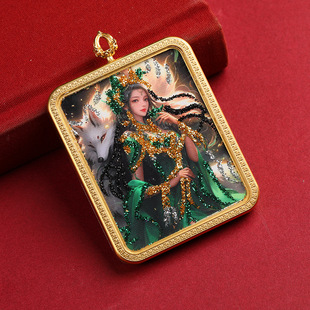 彩金九尾狐狐仙藏式唐卡立体五爷文殊吊坠手绘描金黑金八大守护