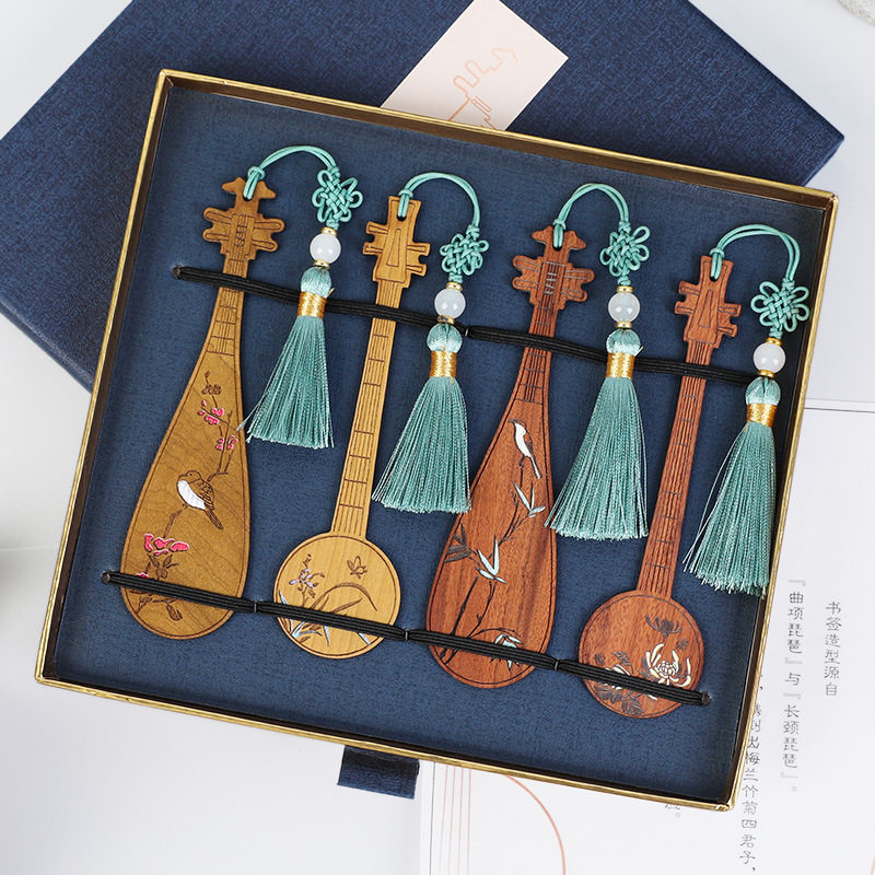 红木琵琶书签檀木花鸟书签中国风书签可刻LOGO创意古琴书签套装