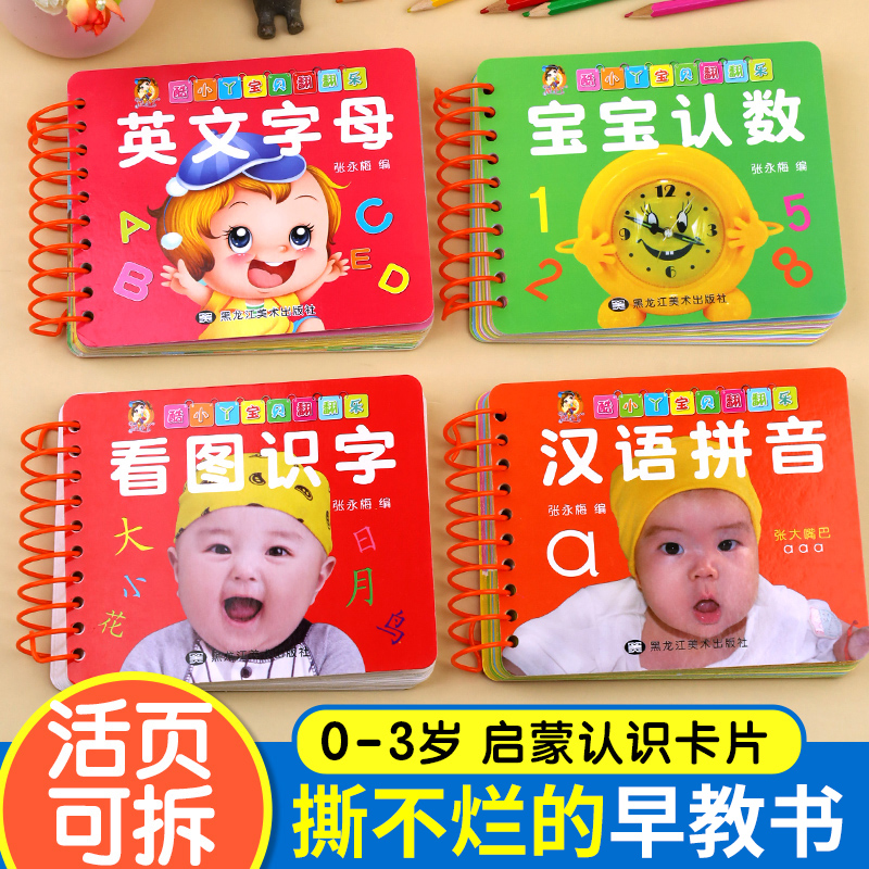 识字卡片启蒙幼儿认字拼音英语字母数字卡片1到100全套4册0-1-2-3岁婴幼儿启蒙认知早教书撕不烂的宝宝书本益智书籍儿童绘本0到3岁