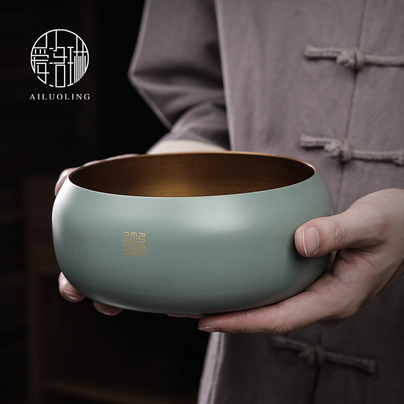 爱洛琳 茶道零配黄铜茶洗建水 家用复古茶杯洗盆水盂中式茶碗铜钵