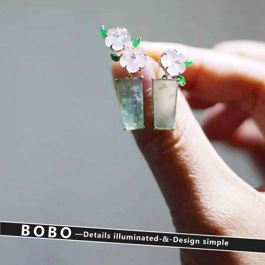 超仙设计感粉绿樱花玉石耳环女轻奢新中式小众温柔风花朵耳钉耳饰
