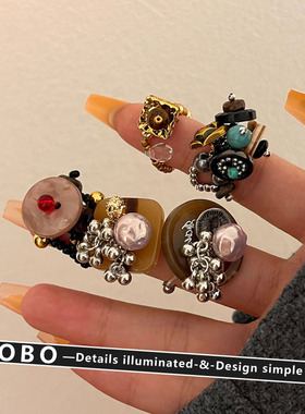 小众设计手工扭扣串珠小贝壳戒指个性百搭弹力绳粉色珍珠珍珠指环