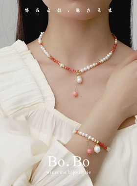 水晶石温柔粉色轻奢拼接法式项链