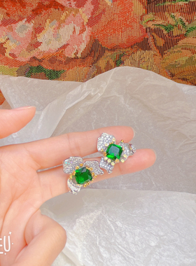 BOBO水钻水晶耳钉重工祖母绿锆石花朵耳环轻奢高级感独特耳饰