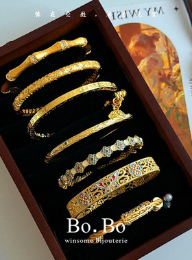 古风轻奢滴油珐琅蝴蝶拉丝开口手环新中式麻花手镯女竹节锆石手饰