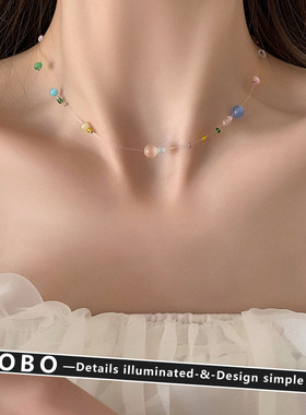趣味悬浮彩色星球串珠项链女饰品清新鱼线透明锁骨链甜美错落颈链