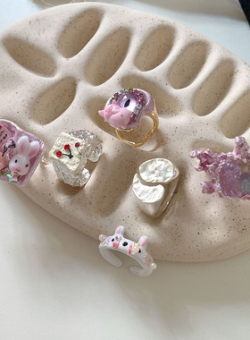 高级感珐琅滴油可爱兔子戒指女小众设计粉色开口异形水晶指环