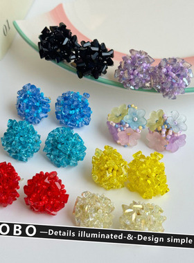 设计感超仙彩色绣花耳环女小清新甜美显白耳钉小众花朵耳饰女耳夹