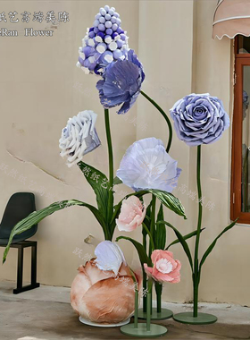 紫色纸艺花网红咖啡餐厅店门口装饰商场dp点纸花成品布置户外道具