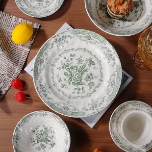 波卡绿釉中彩陶瓷汤盘清新欧式陶瓷餐具出口家用圆形菜盘牛排托盘