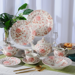 外贸出口漂亮餐盘釉中彩陶瓷餐具复古玫瑰花红色高级感盘子牛排盘