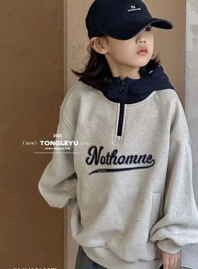 童乐鱼2025冬款男女童加绒连帽半拉链卫衣洋气儿童休闲上衣95166