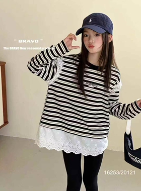 布芮欧2026春季新款女童韩版洋气条纹长袖T恤儿童宽松上衣潮16253