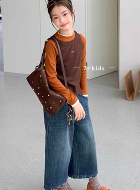 7+kids童装2025秋冬新款女童真两件磨毛打底衫儿童时尚上衣78600