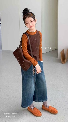 7+kids童装2025秋冬新款女童真两件磨毛打底衫儿童时尚上衣78600