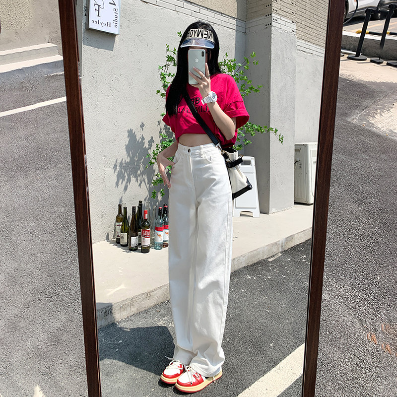 WIDE-LEG JEANS WOMENS 2023 NEW SUMMER THIN WHITE STRAIGHT-LEG HIGH-WAISTED LOOSE AND THIN DRAPED MOP PANTS